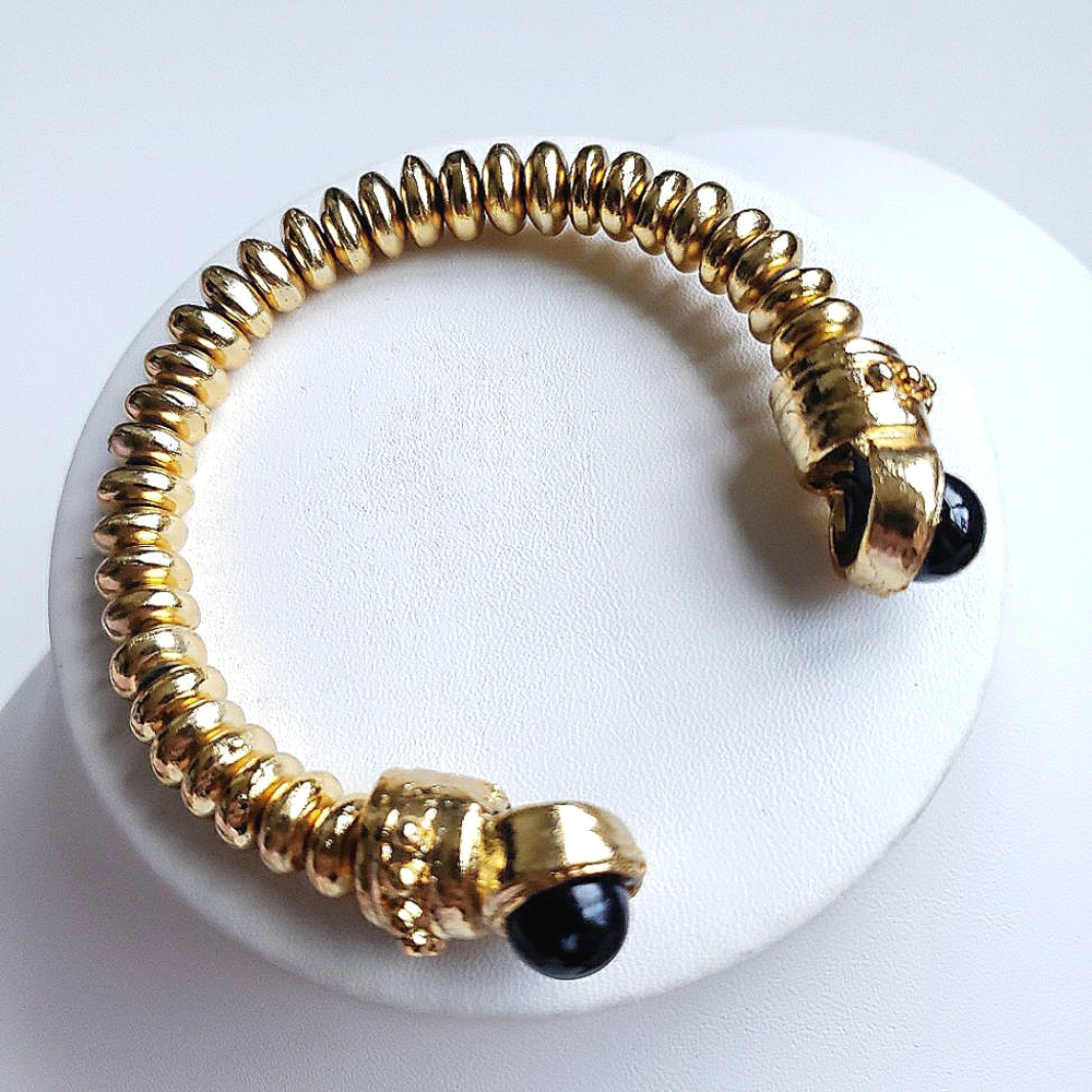 Chunky Vintage Yellow Goldtone Disc Cuff Bracelet w Black Glass Cabochons